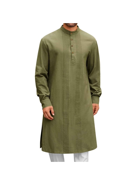 Men Kaftan Thobe Loose Fit Cotton Linen Henley Shirt Long Sleeve Robe Casual Muslim Gown Kurta