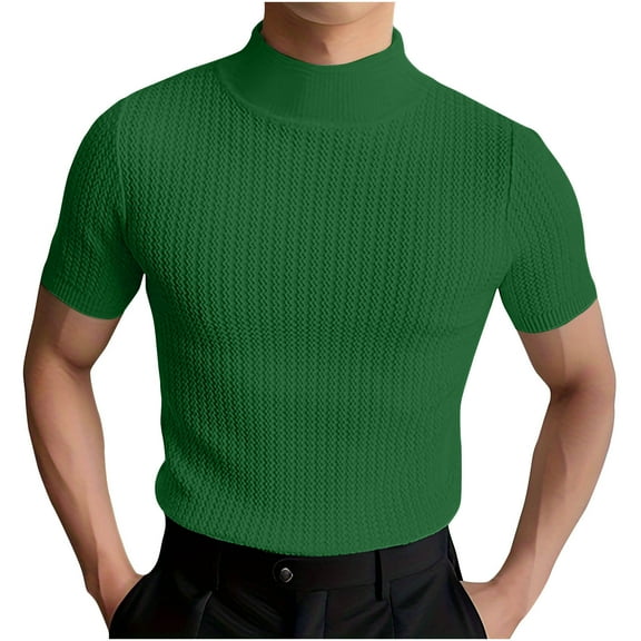 Hvyesh Men Mock Turtleneck Tshirt Ribbed High Collar Short Sleeve Pullover Tops Summer Basic Fitted Muscle Undershirt Green,3XL
