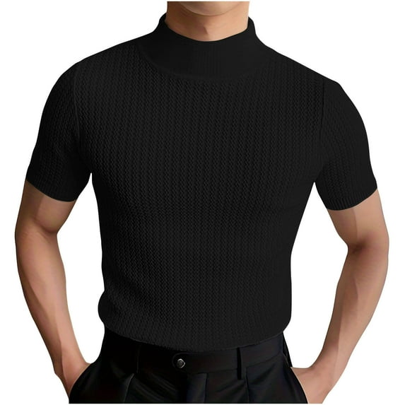 Hvyesh Men Mock Turtleneck Tshirt Ribbed High Collar Short Sleeve Pullover Tops Summer Basic Fitted Muscle Undershirt