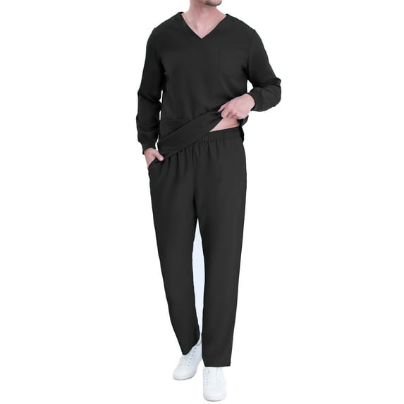 Hvyesh Men Scrub Sets Loose Working Uniform Pocket Short Sleeve Blouse Long Pants Two-Piece Sets Cozy Workwear
