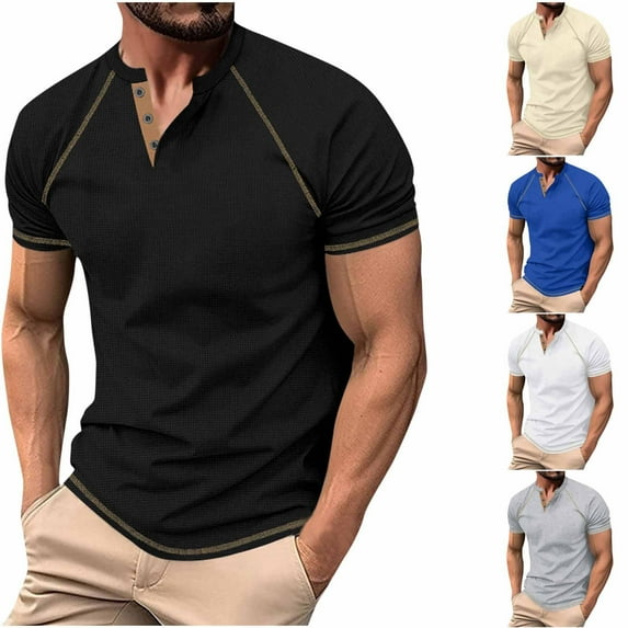 Hvyesh Men Short Sleeve Shirts Casual Button Up Henley T-Shirts 2025 Summer Waffle T-Shirts Solid Work Shirt