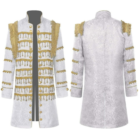 Hvyesh Men Steampunk Jacket Trendy Fringe Button Down Halloween Jackets Shiny Pattern Printed Gothic Victorian Frock Coat Uniform