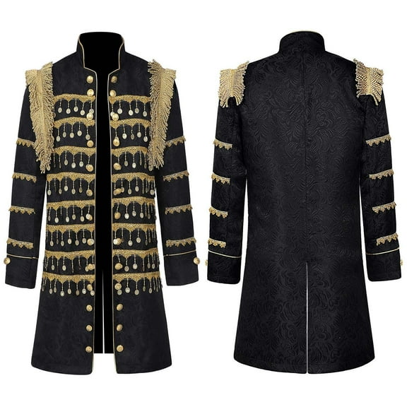 Hvyesh Men Steampunk Jacket Trendy Fringe Button Down Halloween Jackets Shiny Pattern Printed Gothic Victorian Frock Coat Uniform
