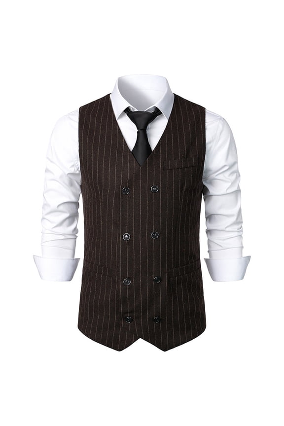 Men Suit Vest Stripe Double Breasted Business Dress Waistcoat Vest Slim Fit Wedding Stylish Tuxedo Vest V-Neck Sleeveless Dress Waistcoat