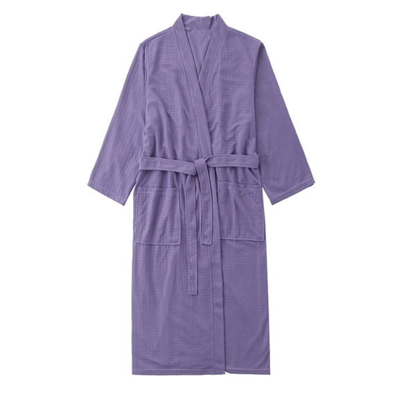 Hvyesh Men Waffle Bathrobe Lightweight Solid Kimono Bath Robes Comfy Long Sleeve Shawl Collar Sleepwear Pajamas Purple,M