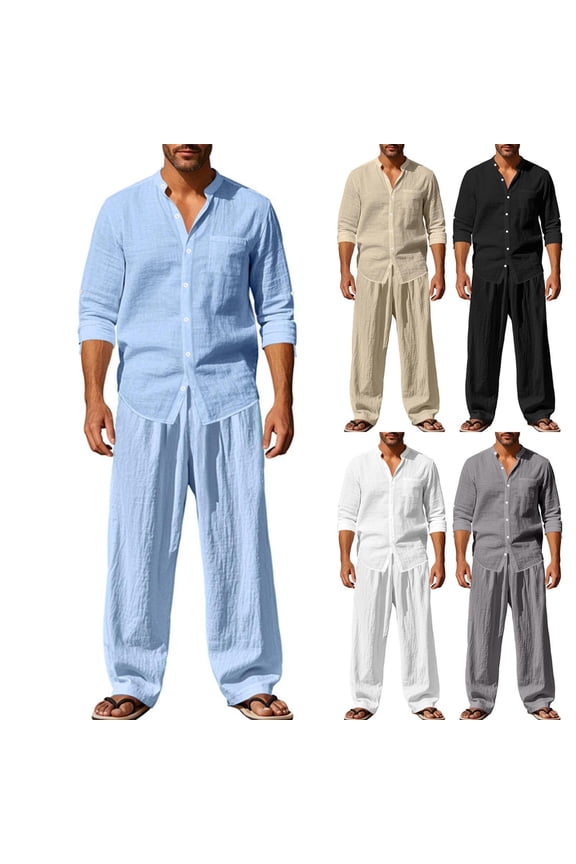 Men's 2 Piece Outfit Summer Cotton Linen Set Casual Short Sleeve Button Down Shirt Beach Summer Loose Pant Sets