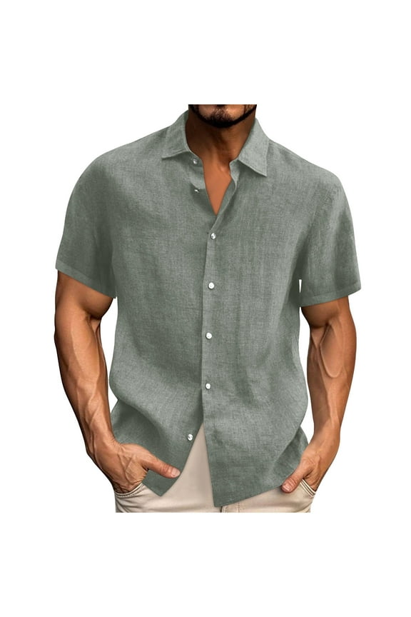 Men's Cotton Linen Button Down Shirts Casual Short Sleeve Shirts Summer Beach Hawaiian Shirts Lightweight Busness Work Tee
