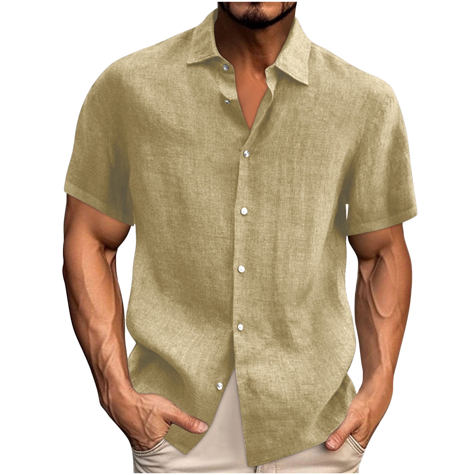 Hvyesh Men's Cotton Linen Button Down Shirts Casual Short Sleeve Shirts ...