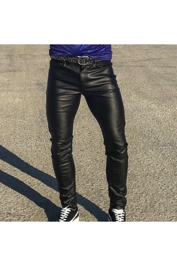 Men's Faux Leather Pants Steampunk Goth Pants Pocket Slim Fit Leather Pants Trousers for Men