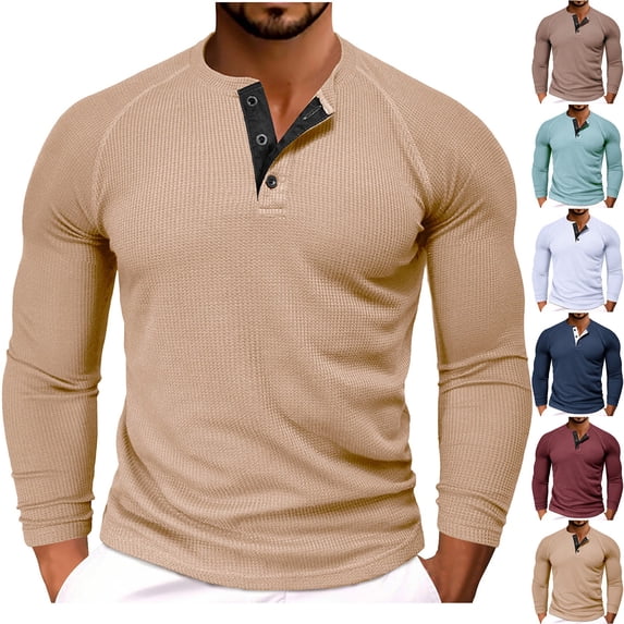Hvyesh Men's Henley Shirts Casual Long Sleeve Waffle Shirt Slim Fit Button V Neck Golf Tee Shirt