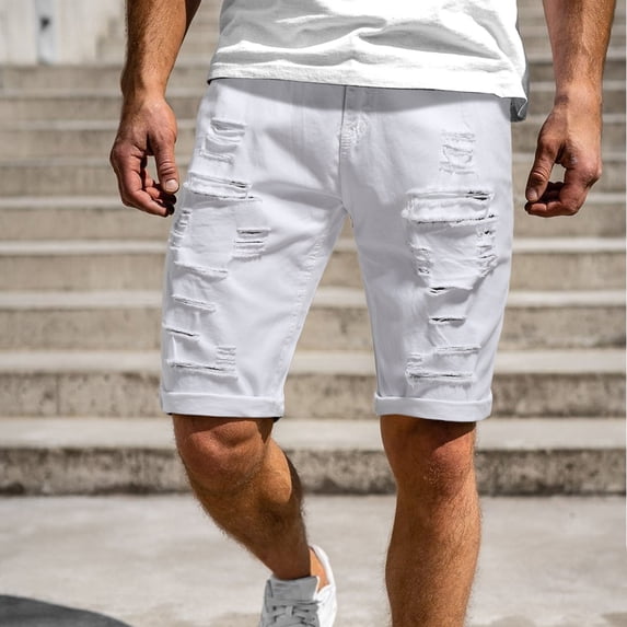 Hvyesh Men's Jean Shorts Big and Tall Classic Fit Regular Ripped Denim Shorts Straight Leg Distressed Denim Trunks Stretchy Motor Bike Jean Trunks with Pockets