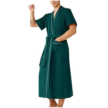 Hvyesh Men's Kimono Robe Lightweight Spa Bathrobes Lightweight Short Sleeve Open Front Mid-Length Pajamas Solid House Coat with Pockets
