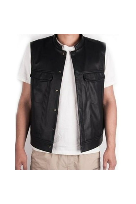 Men's Leather Motorcycle Vest Casual Sleeveless Motorcycle Rider Jacket Biker Vests