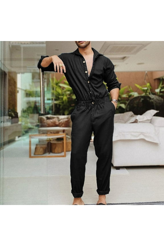 Men's Long-Sleeve Work Jumpsuit Buttons Shirt Speedsuit Casual Cargo Outfit Set Solid Spring Fall Pockets One Piece Tooling Pants