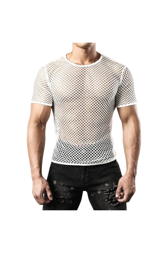 Men's Mesh Fishnet Top Short Sleeve Sheer See Through T Shirt Fitted Muscle Blouse Undershirt Top for Men Clubwear