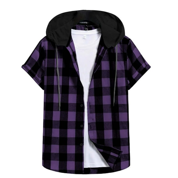 Hvyesh Men's Plaid Hoodie Shirts Casual Button Down Plaid Shirt for Men Short Sleeve Drawstring Hooded Tshirt
