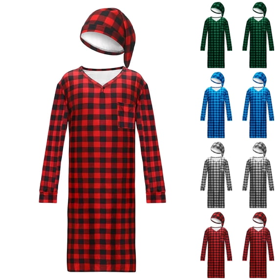 Hvyesh Men's Plaid Nightgowm Cozy Long Sleeve Henley Nightshirt Casual V Neck Sleepshirt with Pocket