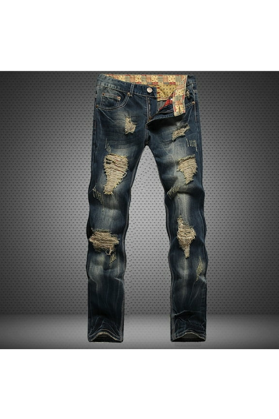 Men's Ripped Distressed Destroyed Straight Fit Washed Denim Jeans Pants