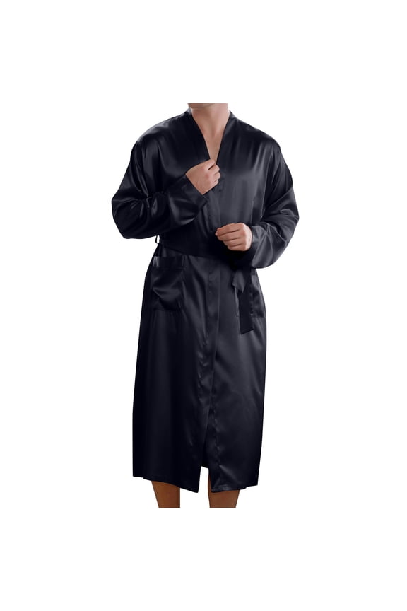 Men's Satin Robe Lightweight Long Sleeve Silk Kimono Bathrobe Cozy Lace-up Long Pajama Robe Black,M