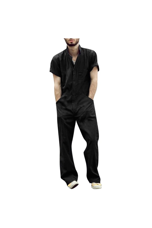 Mens Coveralls Casual Mechanic Overall for Men Baggy Zipper Buttons-Front Jumpsuit Solid Work Long Pants Trousers Rompers Casual One Piece Jumpers