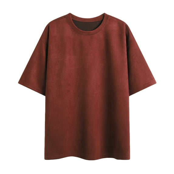 Hvyesh Men's Solid Faux Suede T-Shirt Casual Oversized Washed T Shirt Round Neck Drop Shoulder Pullover Shirt Classic Short Sleeve Shirts