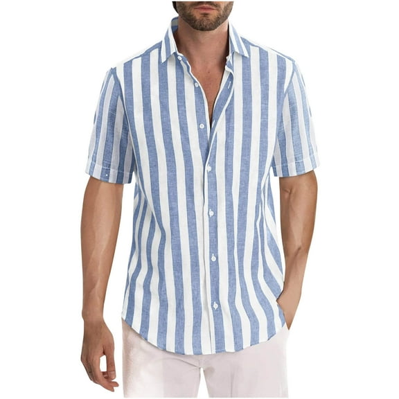Hvyesh Men's Striped Linen Shirts Button Down Hawaiian Beach Casual Short Sleeve Button-up Regular Fit Dress Blouses Summer Holiday Shirts for Men