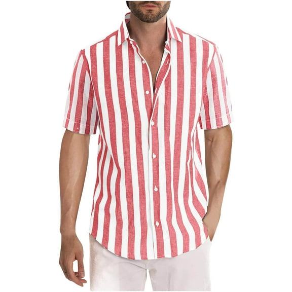 Hvyesh Men's Striped Linen Shirts Button Down Hawaiian Beach Casual Short Sleeve Button-up Regular Fit Dress Blouses Summer Holiday Shirts for Men