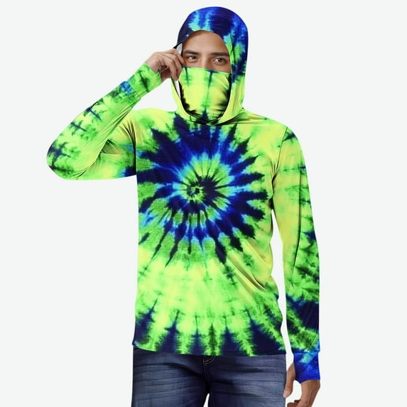 Hvyesh Men's Sun Protection Hoodie Shirt Quick Drying UPF 50+ Long Sleeve Tshirt Fishing Tie Dye Print Shirts with Mask Rash Guard