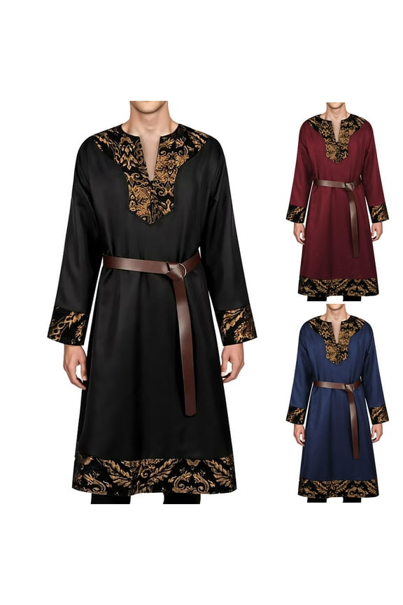 Men's Viking Tunic Medieval Pirate Robe Renaissance Embroidered Long Pobe Unisex Split V Neck Renaissance Dress Gothic Cosplay Costume