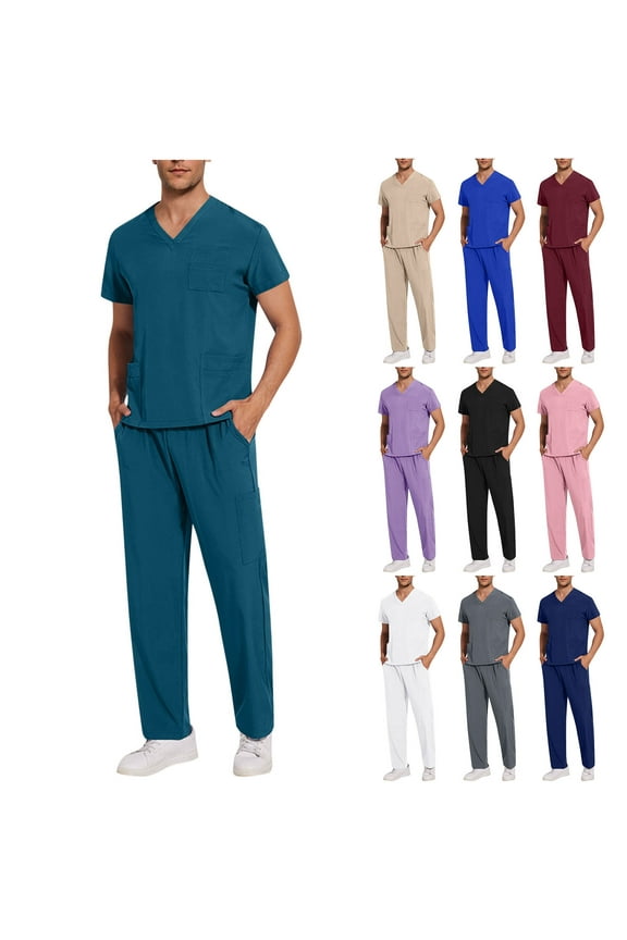 Men's Workwear Stretch V-Neck Scrub Joggers Set Summer Short Sleeve Scrubs Set