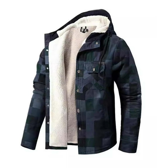 Hvyesh Mens Big and Tall Fleece Coat Winter Heavy Warm Sherpa Lined Fleece Plaid Flannel Jacket Men Plus Size Zipped Pocket Hooded Jackets