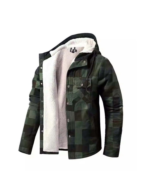 Mens Big and Tall Fleece Coat Winter Heavy Warm Sherpa Lined Fleece Plaid Flannel Jacket Men Plus Size Zipped Pocket Hooded Jackets