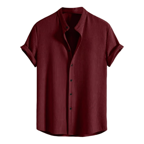 Hvyesh Mens Button Down Shirts Summer Casual Short Sleeve Hawaiian Shirt Regular Fit Solid Color Stand Collar Beach Shirt Holiday Tops