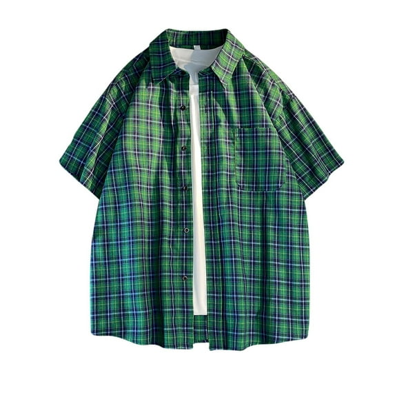 Hvyesh Mens Button Down Shirts Lapel Collar Pocket Short Sleeve Shirts Plaid Button Up Shirts Casual Summer Work Beach Shirts Cotton Regular Fit Gingham Shirts