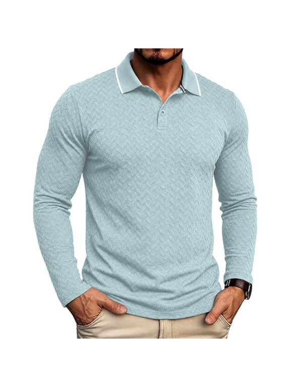 Mens Casual Textured Knit Shirt Long Sleeve Golf Shirts Slim Fit Jacquard Work Tshirt Fall Winter Outfits