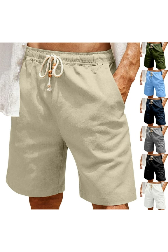 Mens Cotton Linen Shorts Big and Tall Drawstring Elastic Waist Jogger Shorts Solid Color Casual Knee Length Bermuda Shorts with Pockets