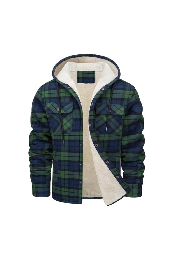 Mens Cotton Plaid Long Sleeve Shirts Jacket Fleece Lined Flannel Shirts Sherpa Button Down Coat Warm Flush Hoodie