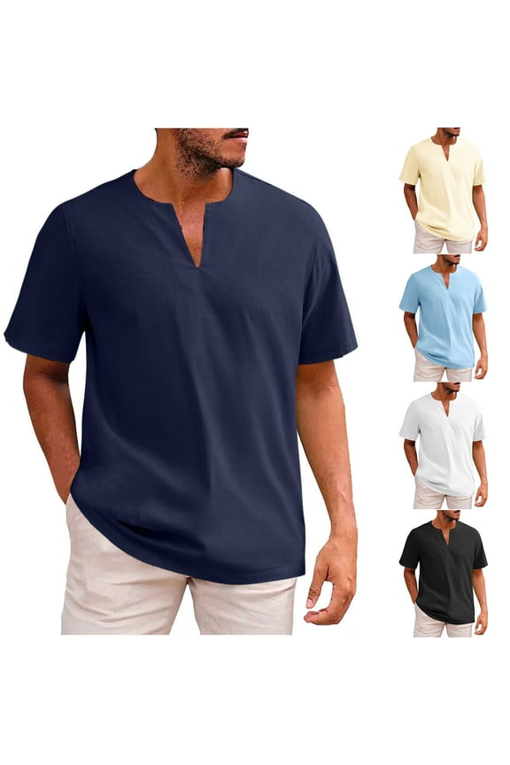 Mens Cotton Shirts Casual Solid V-Neck T Shirts Short Sleeve Work T-Shirt Atheltic Workout Shirts