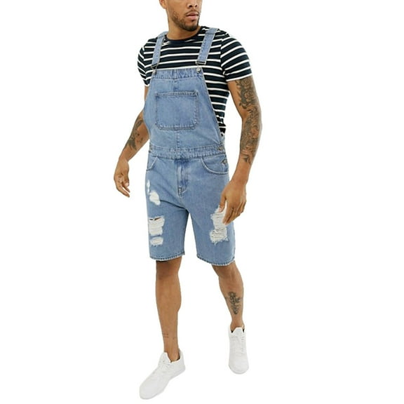 Hvyesh Mens Denim Bib Overall 2025 Summer Shorts Above Knee Length Rompers Wark Jumpsuit Regular Fit Distressed Ripped Pockets Overalls