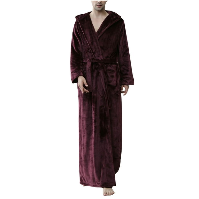Hvyesh Mens Fuzzy Plush Long Hooded Bathrobe Full Length Terry Cloth