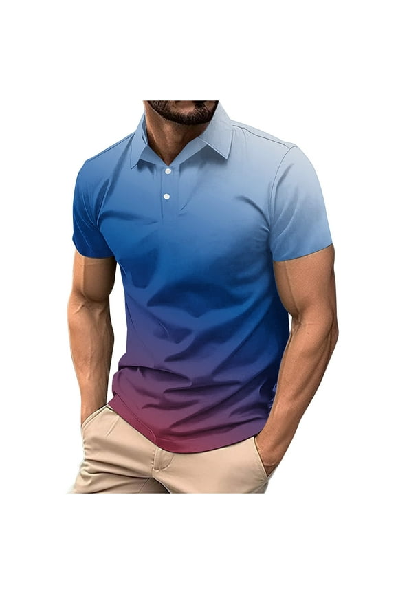 Mens Golf Shirts Short Sleeve Gradient Shirt Gym Workout T-Shirt Casual V Neck Button Up Tops 2025