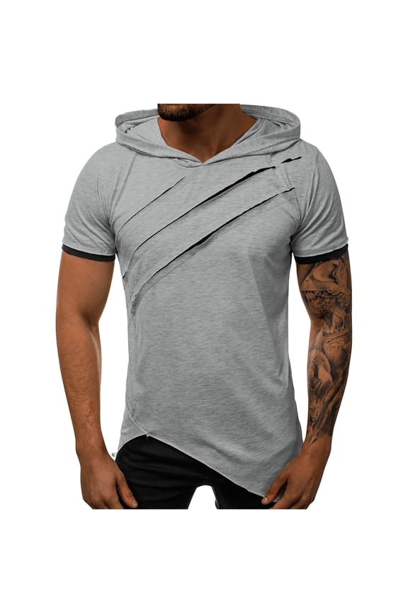 Mens Hip Hop Ripped Hoodie Tops Short Sleeve Hooded Workout Sweatshirts Casual Athletic Hoodies T-Shirt Pullover