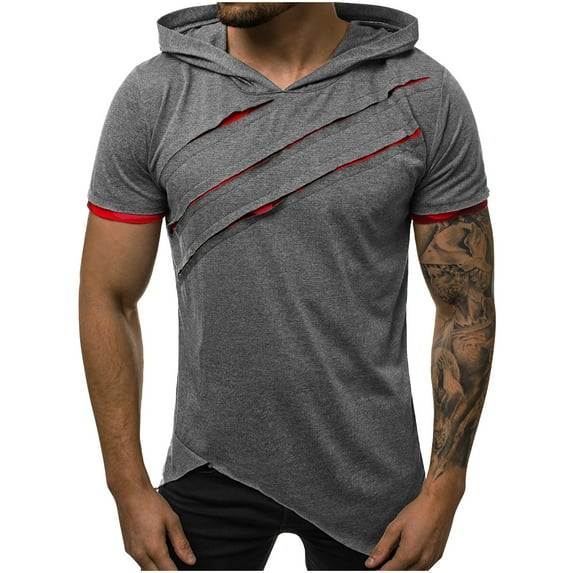 Hvyesh Mens Hip Hop Ripped Hoodie Tops Short Sleeve Hooded Workout Sweatshirts Casual Athletic Hoodies T-Shirt Pullover