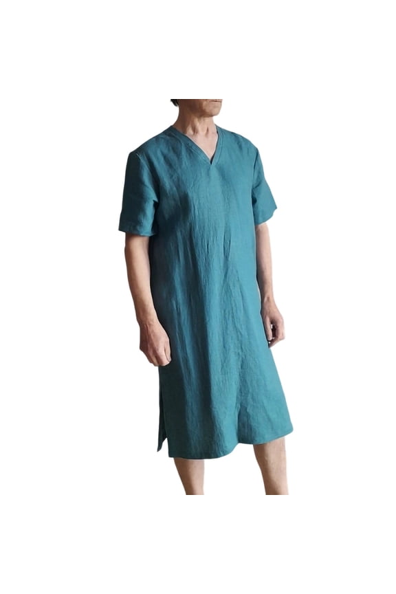 Mens Kaftan Thobe Short Sleeve V-Neck Linen Robe Big and Tall Muslim Robe Lightweight Casual Long Sleeping Gown