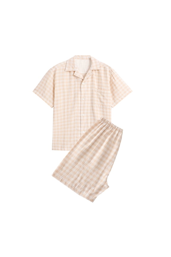 Mens Plaid Short Pajama Set,Summer Pjs Sleepwear Nightwear 2 Piece Sets Lightweight Short Sleeve Button Downs Tshirt Shorts Sleepwear Set