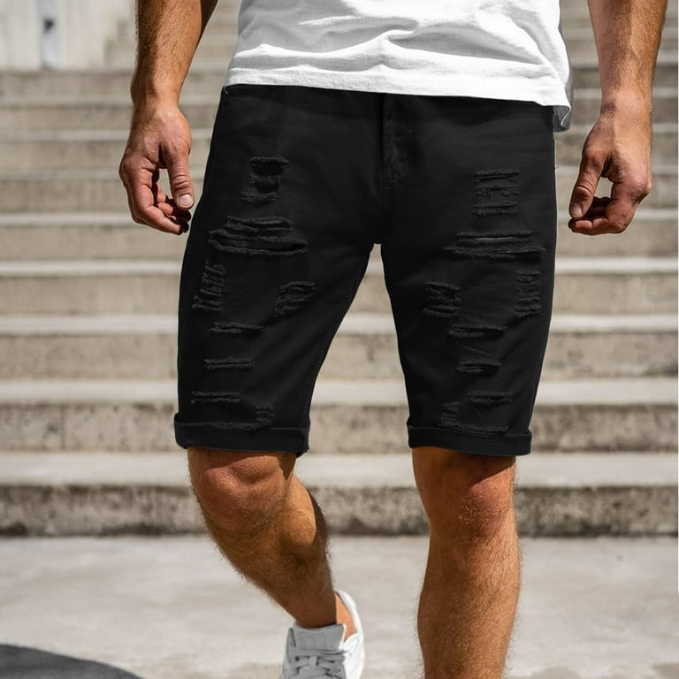 Mens black distressed denim shorts new arrivals