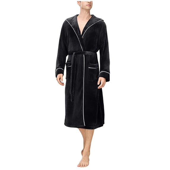 Hvyesh Mens Robe, Hooded Fleece Bathrobe for Men Flannel Plush Long Warm Robe for Male Bath Spa