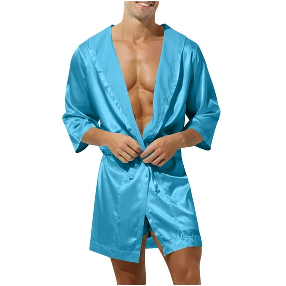 Hvyesh Mens Robe Lightweight Soft Hooded Bath Robe Casual Short Sleeved Satin Robe Sleepwear Nightgown with Pockets for Men