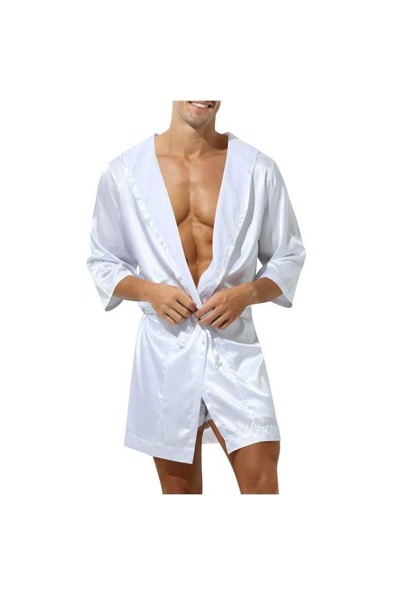 Mens Robe Lightweight Soft Hooded Bath Robe Casual Short Sleeved Satin Robe Sleepwear Nightgown with Pockets for Men