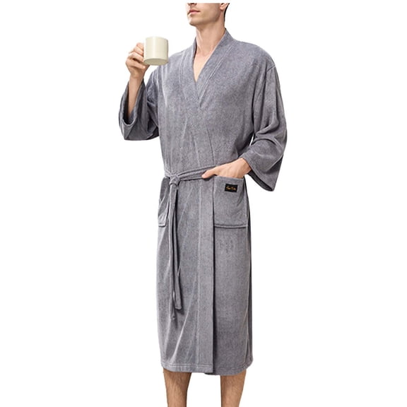 Hvyesh Mens Robe Terry Cloth Kimono Bathrobe Soft Shower Towel Bath Robes Calf Length Housecoat for Spa Hotel Hot Tub